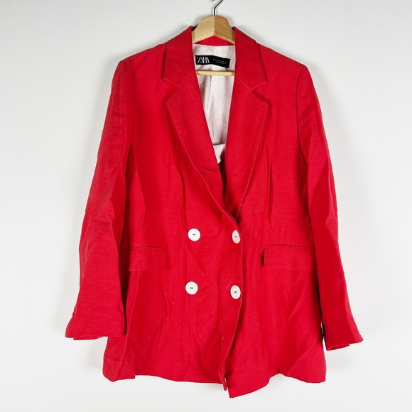 Zara Jackets & Blazers - Zara Women's Linen Blend Double Breasted Lightweight Blazer Jacket Solid Red XS